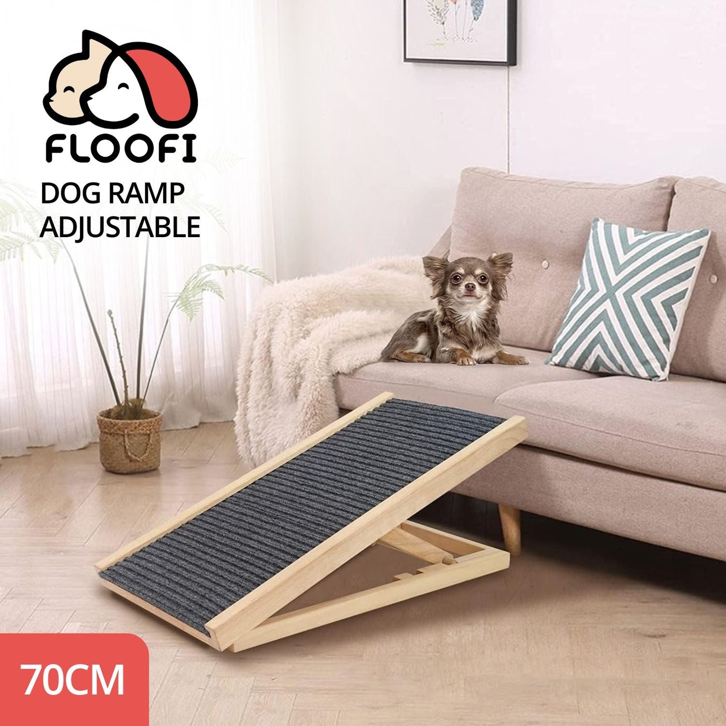 Floofi Natural Wood Grain Wooden Adjustable Height Pet Ramp Dog Sofa Stairs - SEKSI