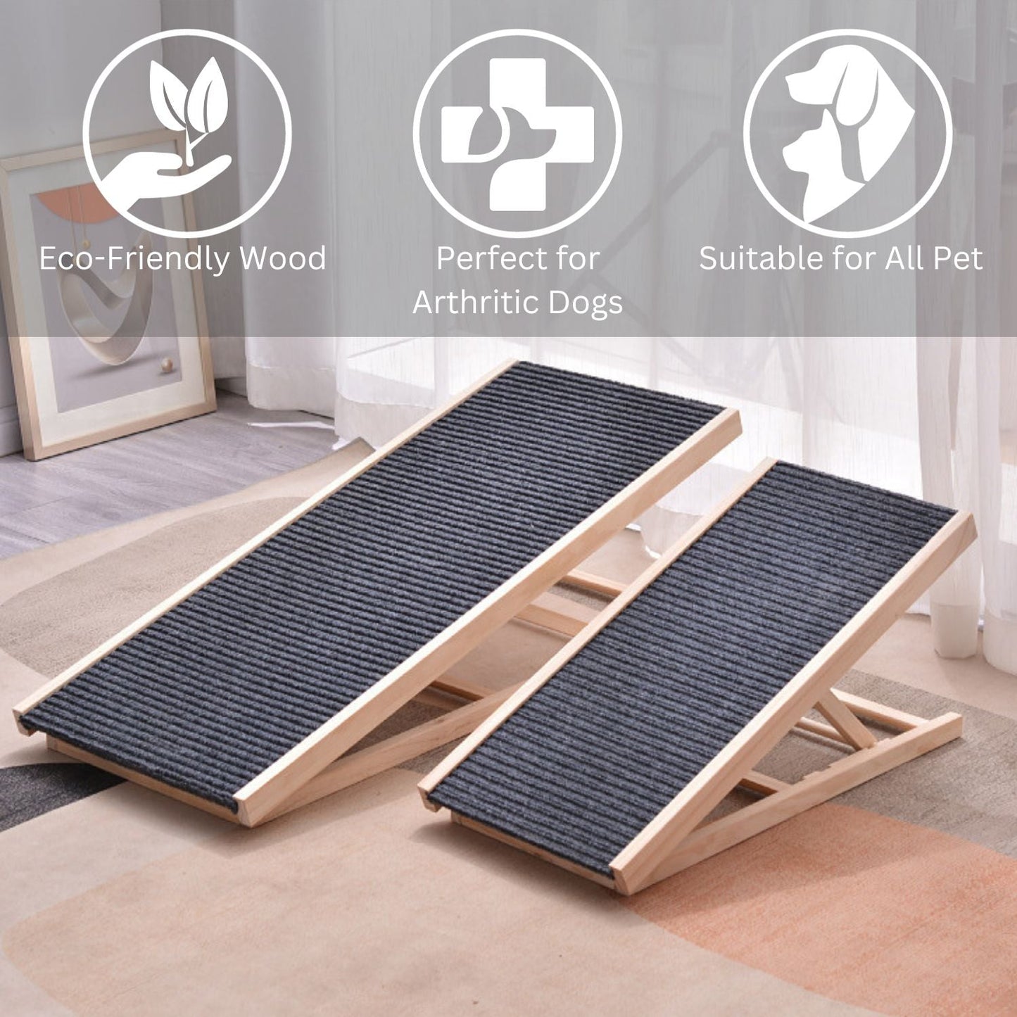 Floofi Natural Wood Grain Wooden Adjustable Height Pet Ramp Dog Sofa Stairs - SEKSI