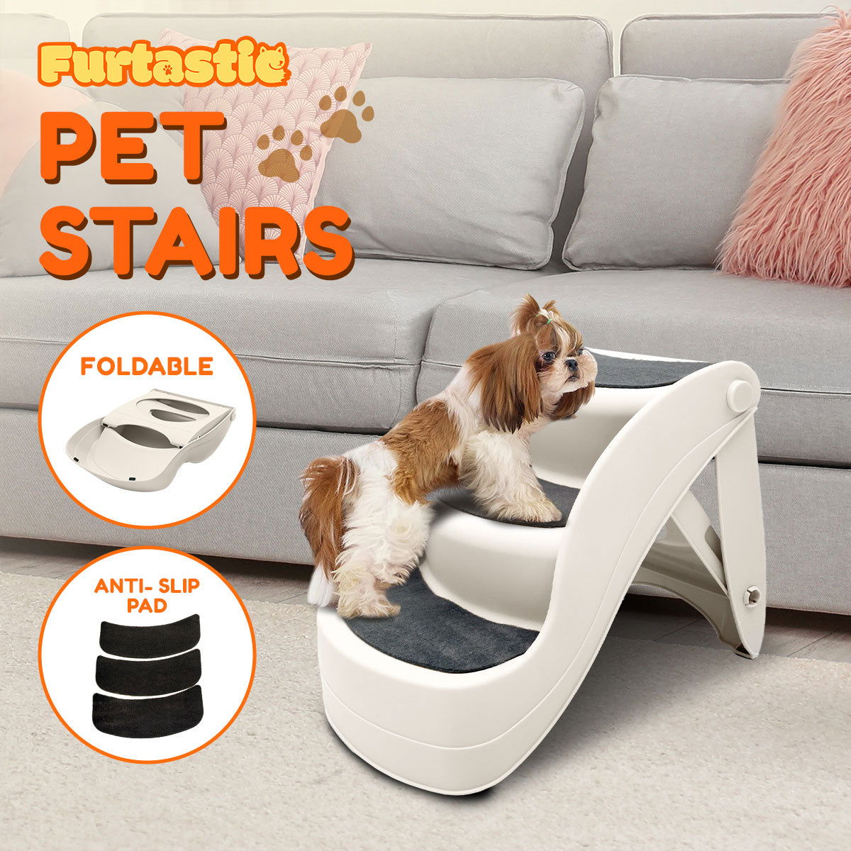 Furtastic 38cm Foldable Pet Stairs Ramp - White - SEKSI