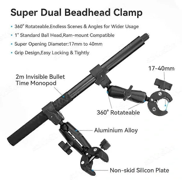 Motorcycle Bicycle Double Clamp Mount For Insta360 One X2 X3 X4 GoPro 12 11 10 SJCAM Selfie Stick Monopod Mount Handlebar Stand Type E