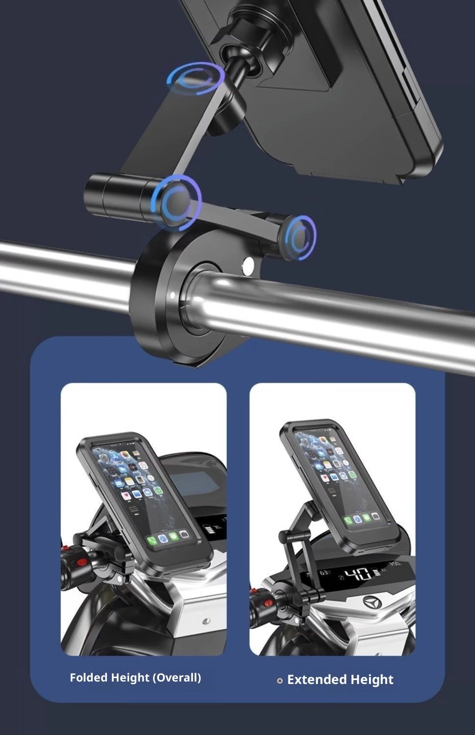 Phone Mount with Waterproof Protector, 360 Degree Adjustable Holder, Compatible with 7inch Roll Bar, Cell Phone