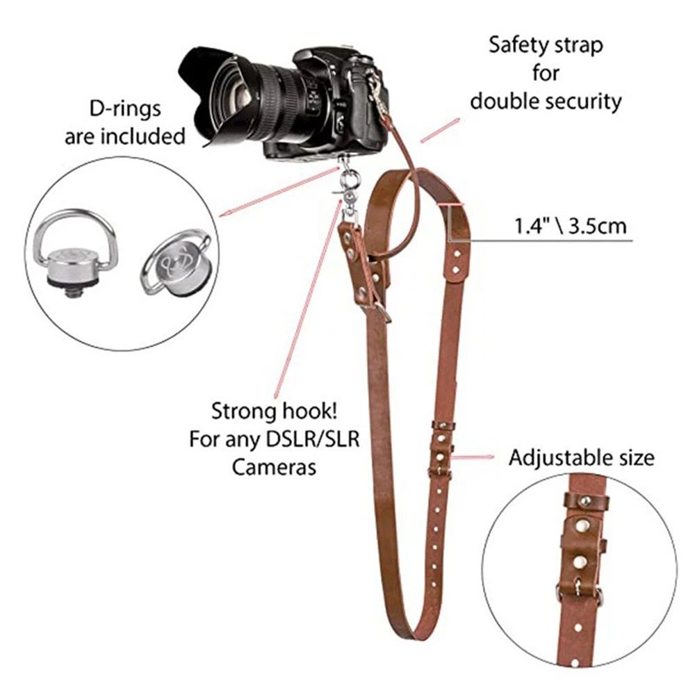 Leather camera shoulder strap, convenient universal digital device adjustment, adjustable back safety belt rope(Brown Third Generation)