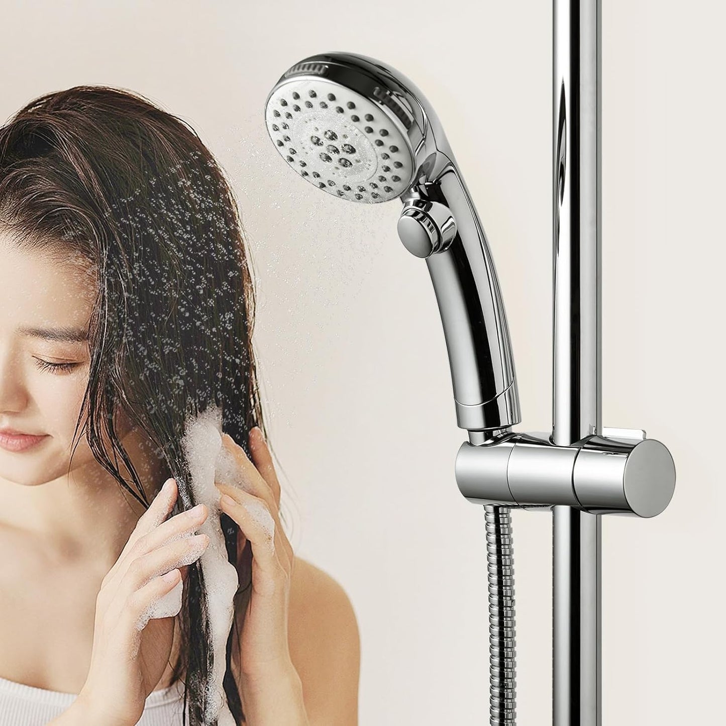 Shower Head Holder, Adjustable 0.75-1.00 in(19-25 mm) Diameter Hand Shower Holder Bracket for Slide Bar, Detachable Slider Clamp Bathroom Replacement, 360 Degree Rotation Sprayer Holder, Chrome