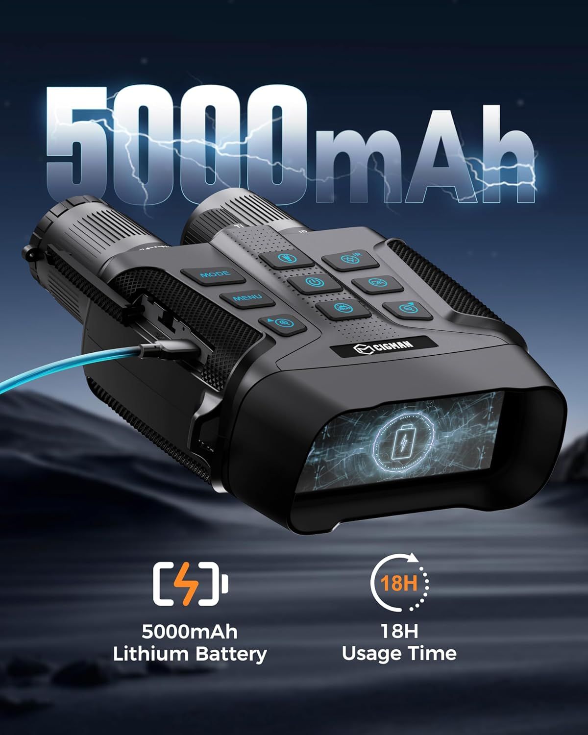CIGMAN 4K Night Vision Binoculars, 3.99" Large HD Display, 58MP Night Photos, 5000mAh Battery, IP65 Waterproof, 5X Zoom, 32GB Card Included