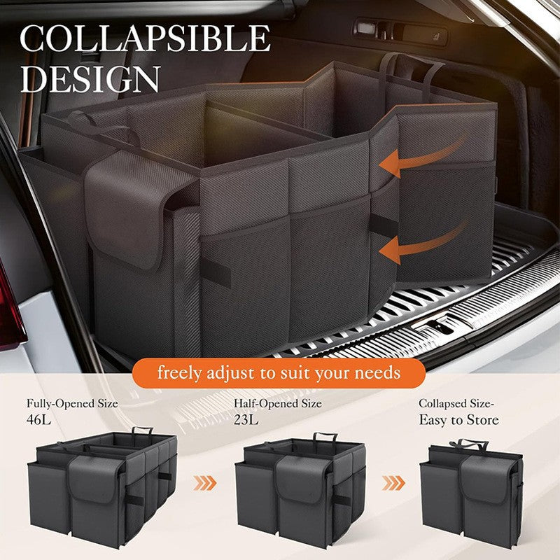 Black 46L Car Organizer Storage Box with Multiple Compartments and Pockets