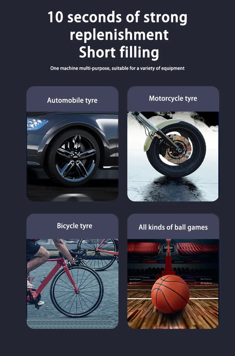 Black Portable Wireless Car Air Pump - Multi-Function Tire Inflator with Emergency Phone Charger, LED Light, and 4 Air Modes