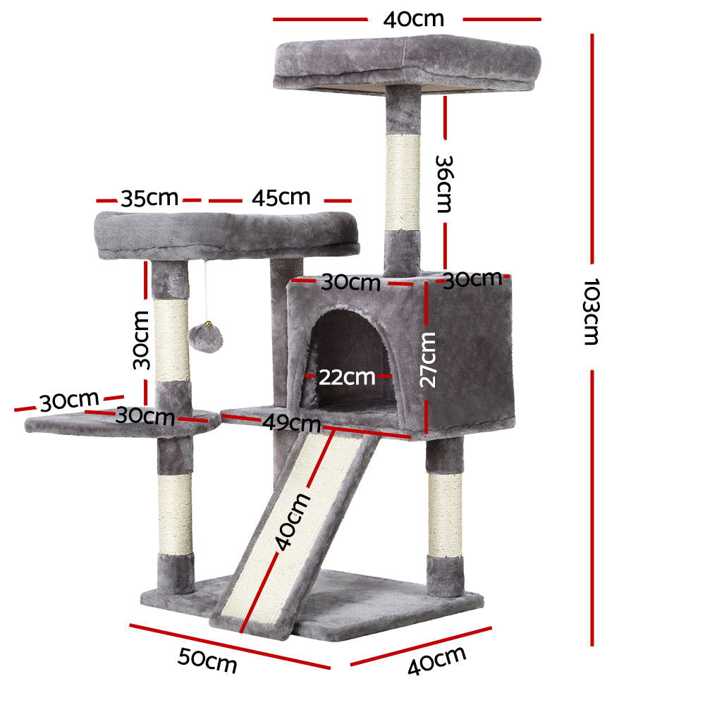 i.Pet Cat Tree 103cm Tower Scratching Post Scratcher Wood Condo House Trees Grey - SEKSI