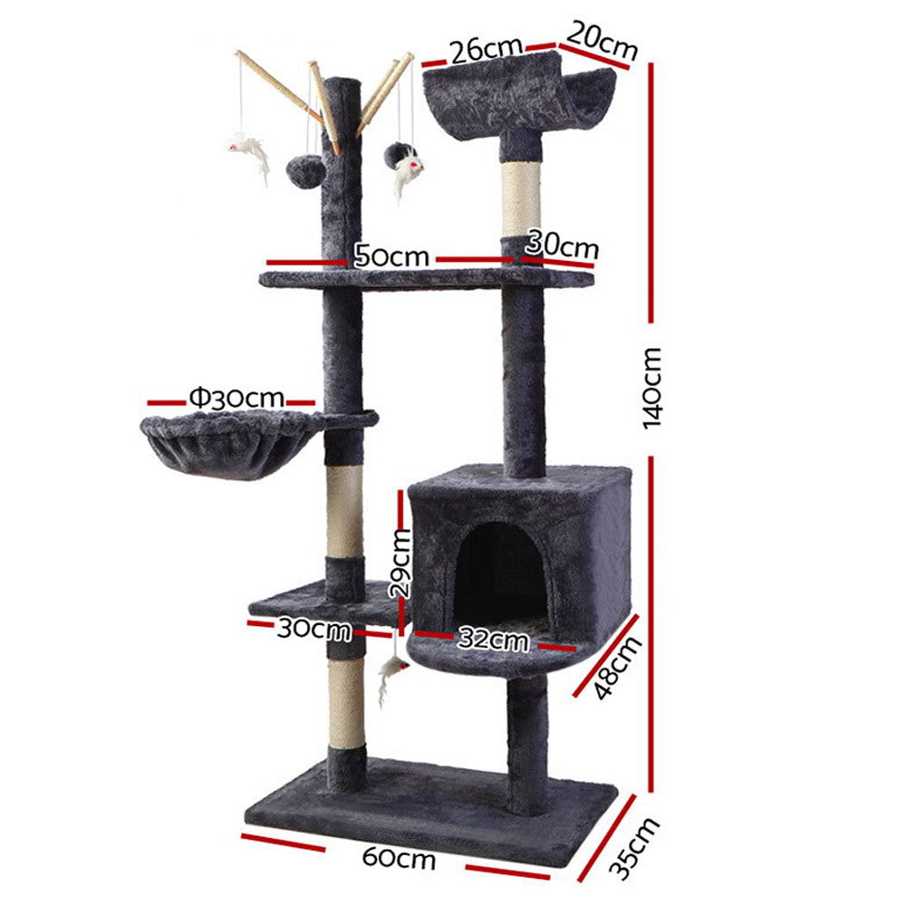 i.Pet Cat Tree 140cm Tower Scratching Post Scratcher Trees Toys Condo Bed Grey - SEKSI