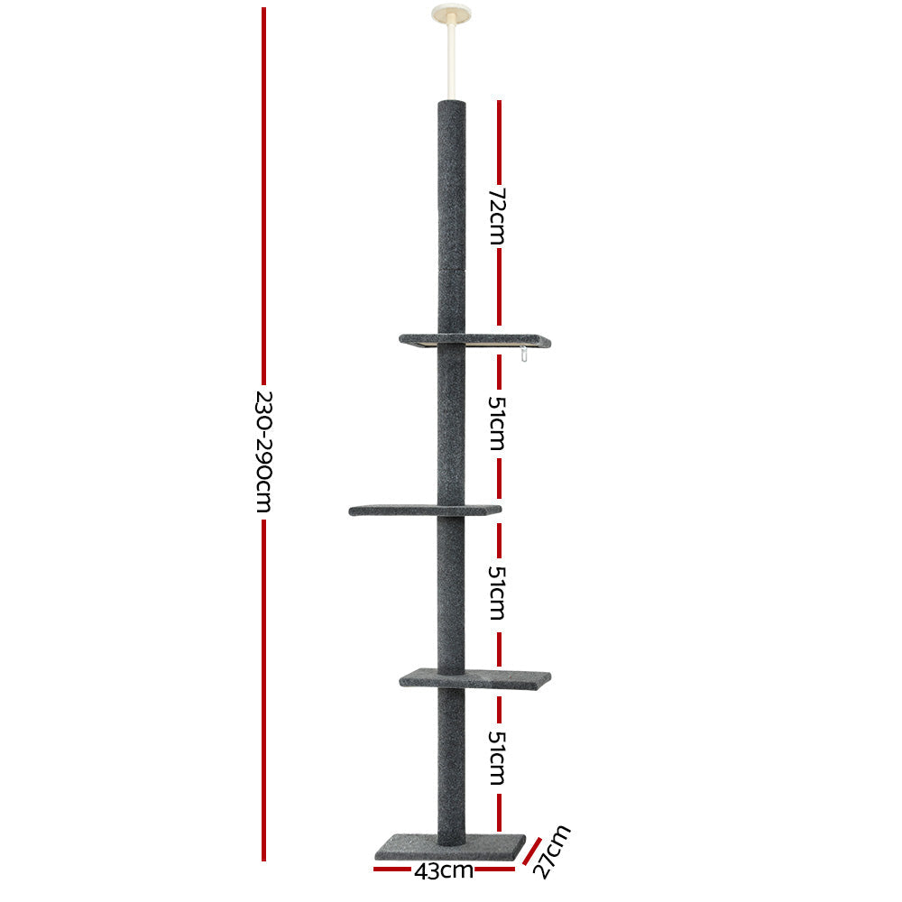 i.Pet Cat Tree 290cm Tower Scratching Post Scratcher Floor to Ceiling Cats Bed Grey - SEKSI