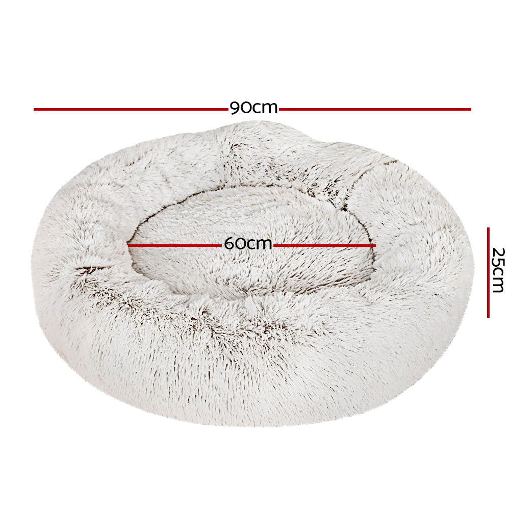 i.Pet Pet Bed Dog Cat 90cm Large Calming Soft Plush White Brown - SEKSI
