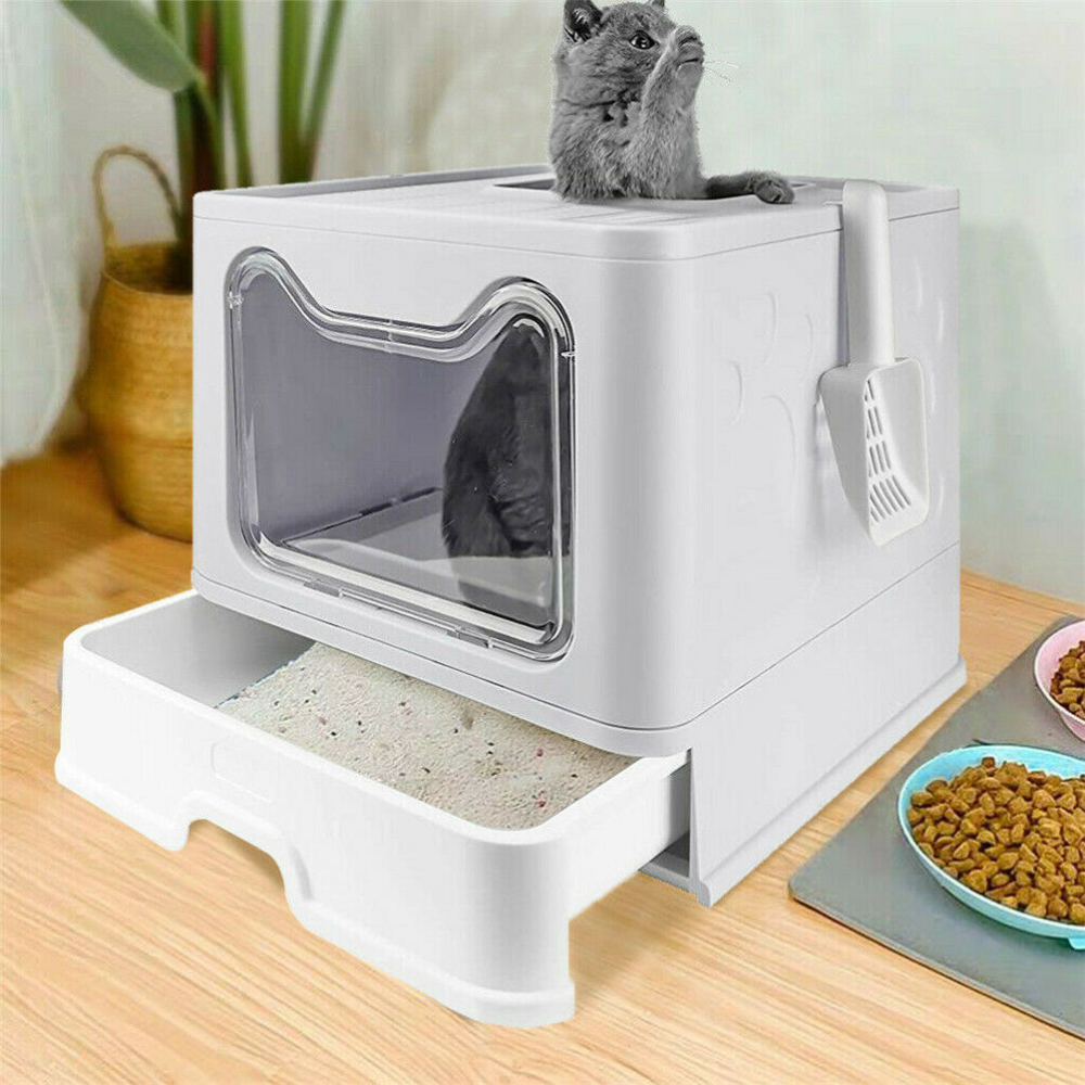 Large Space Foldable Cat Litter Box with Front Entry & Top Exit with Tray_3