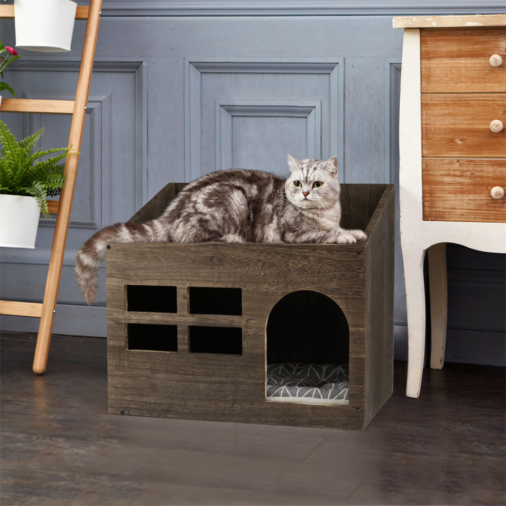 Cozy Wooden Cat Cave Bed with Cushion Pad and Litter Box_0