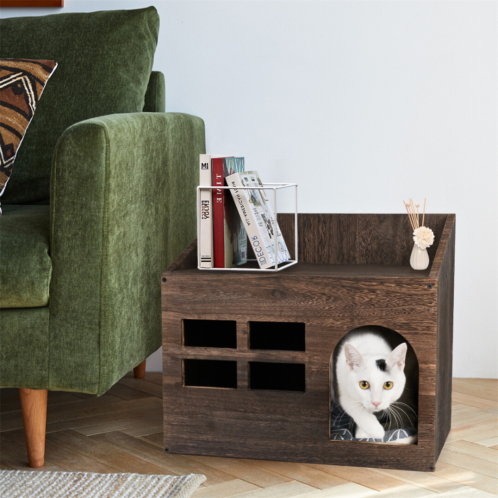 Cozy Wooden Cat Cave Bed with Cushion Pad and Litter Box_4