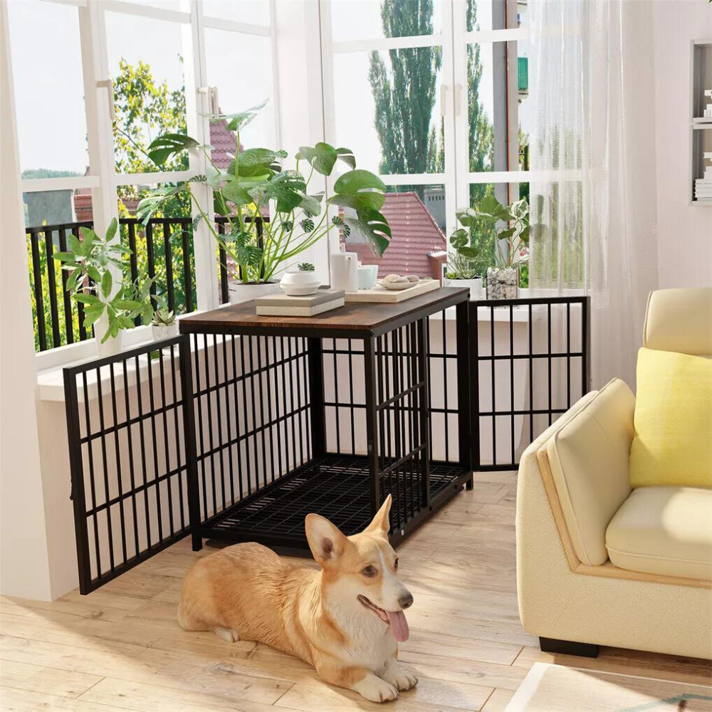 3-Door Dog Furniture Style Dog Crate End Table Pet Kennel with Removable Tray_0