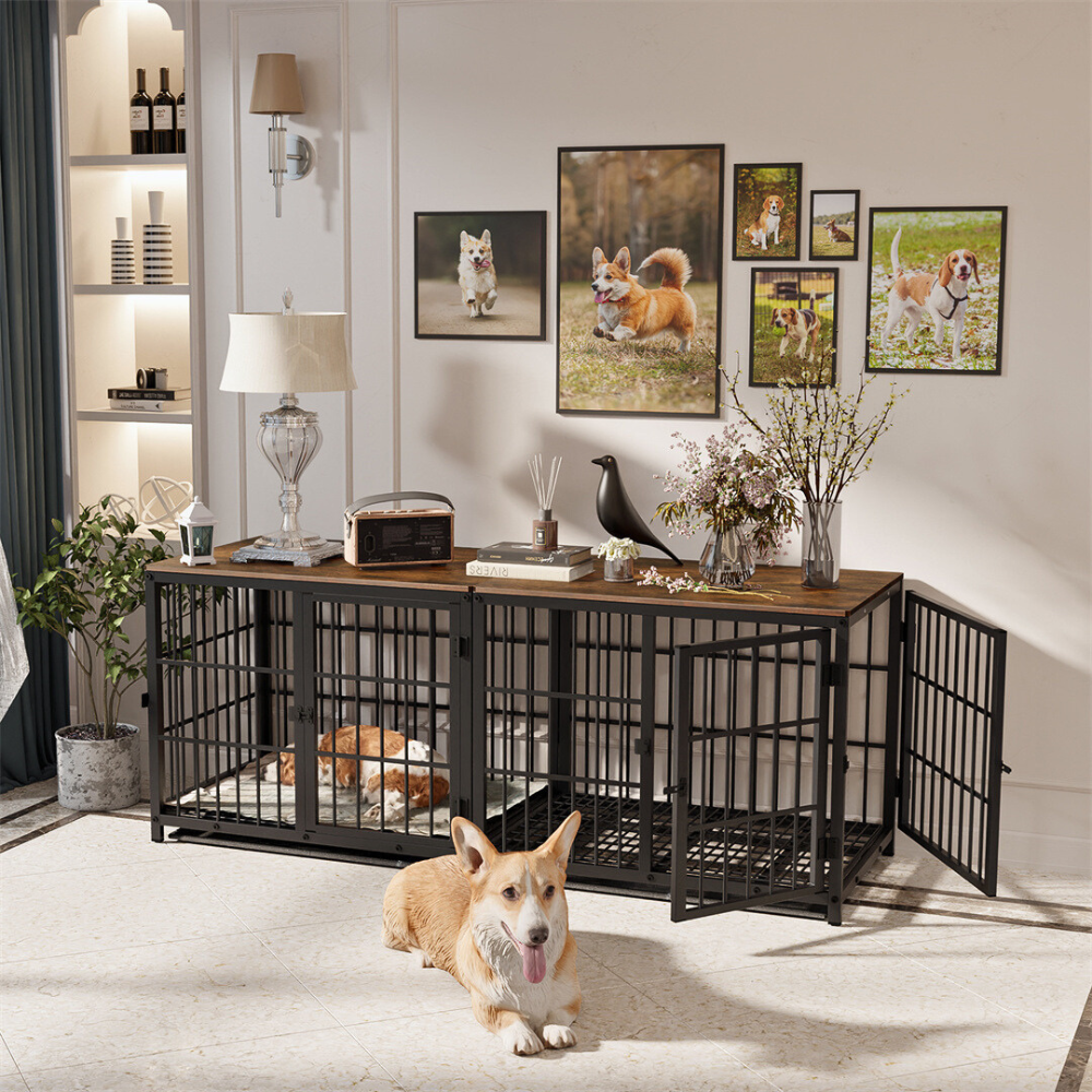 3-Door Dog Furniture Style Dog Crate End Table Pet Kennel with Removable Tray_8