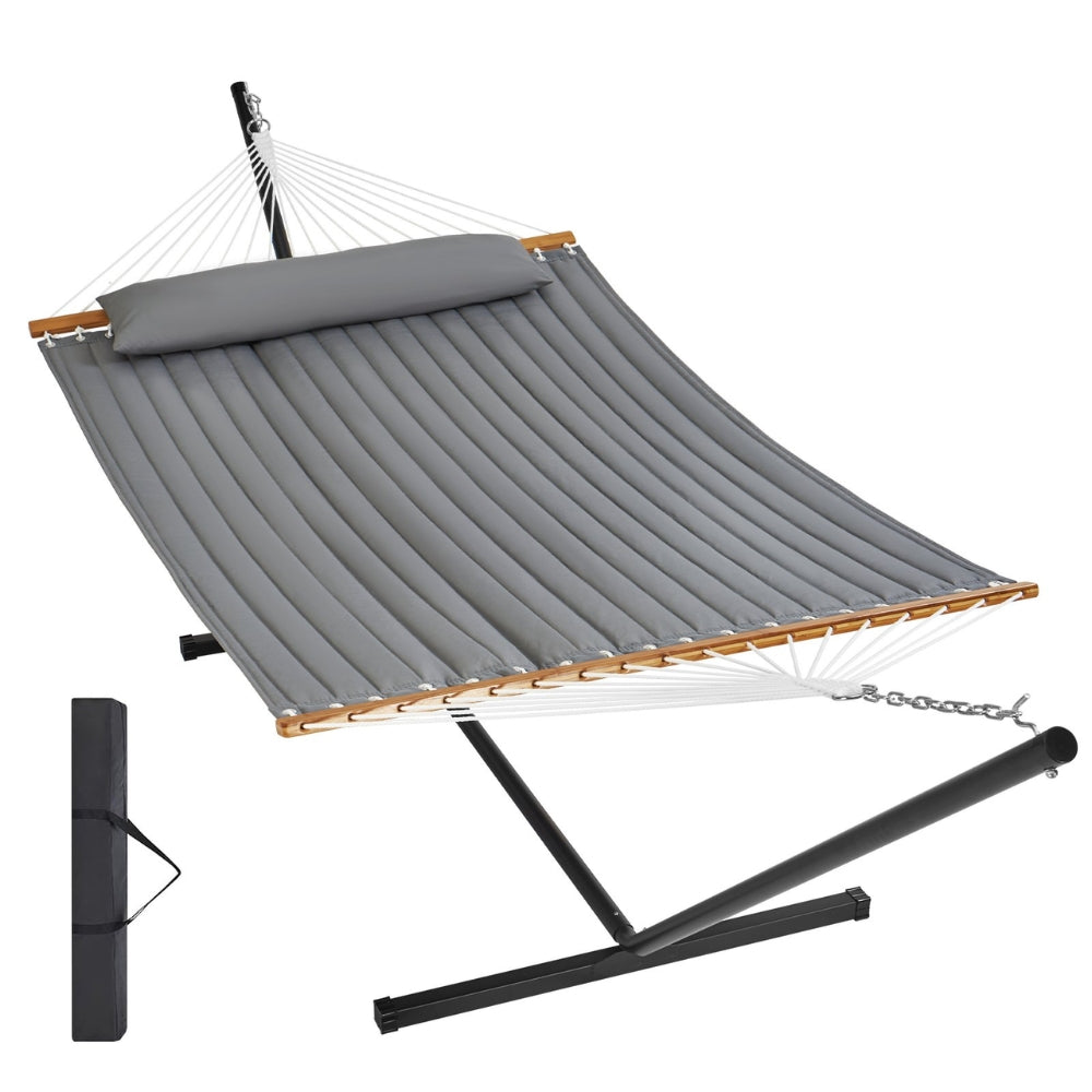 Two Person Hammock with Stand Included Double Hammock with Curved Spreader Bar and Detachable Pillow and Portable Bag_9