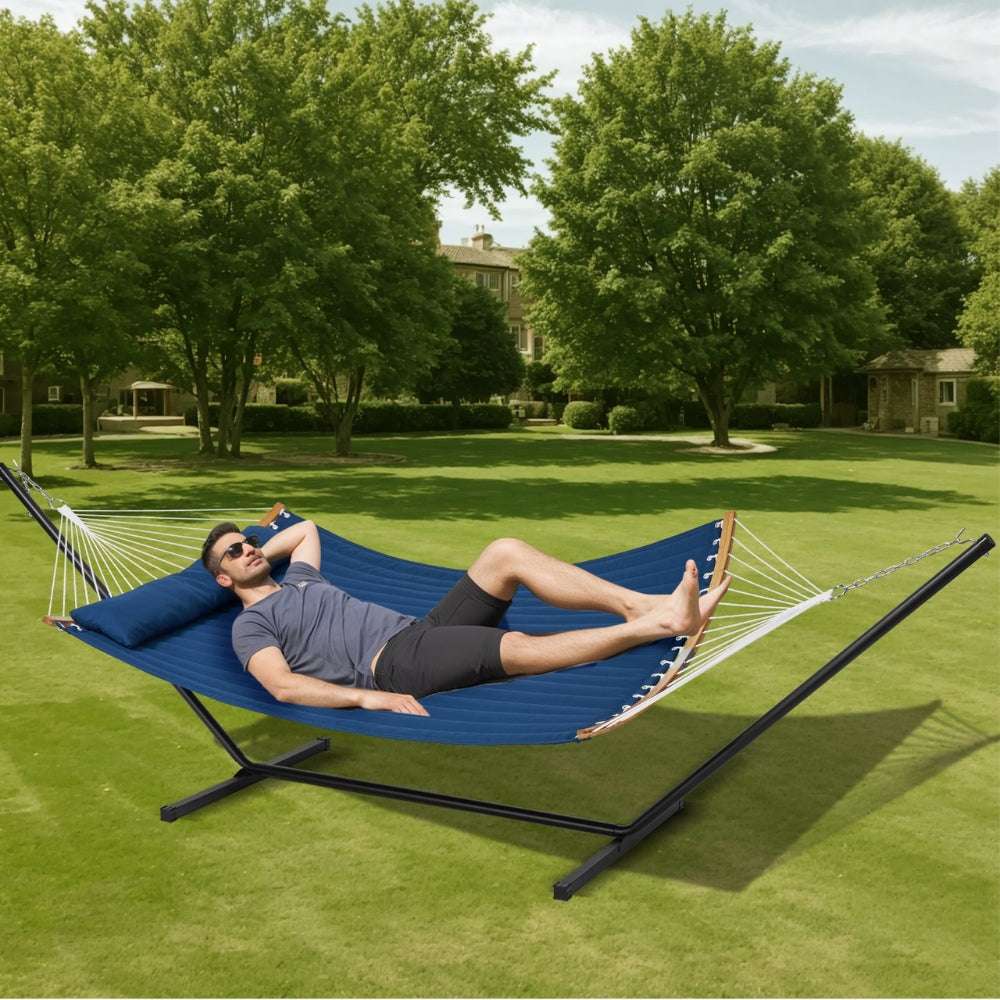 Two Person Hammock with Stand Included Double Hammock with Curved Spreader Bar and Detachable Pillow and Portable Bag_1