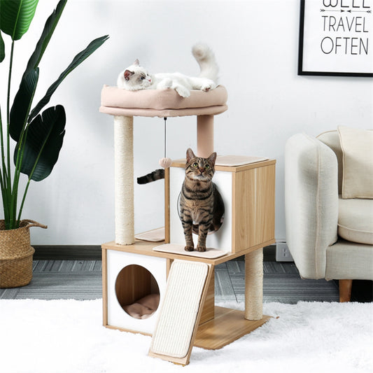 130CM Large Cat Tree Wooden Tower Indoor with Double Condos Spacious Perch Soft Hammock_0