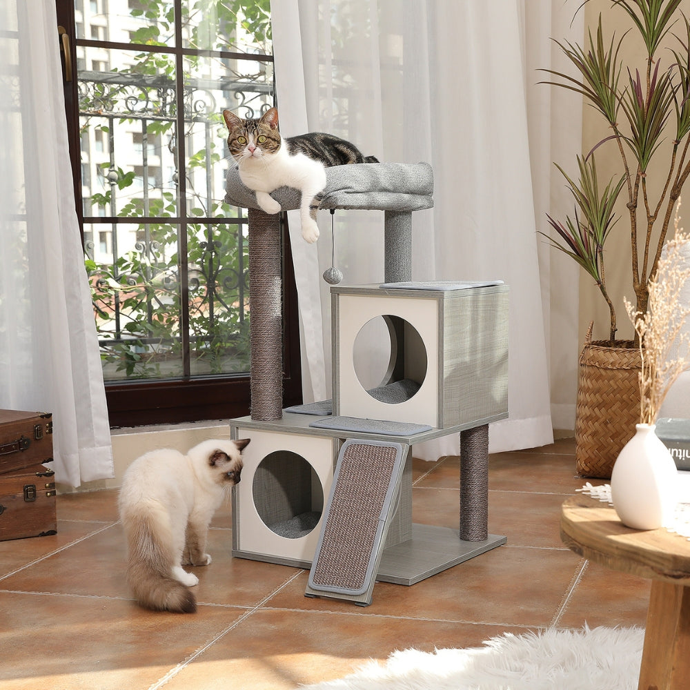 130CM Large Cat Tree Wooden Tower Indoor with Double Condos Spacious Perch Soft Hammock_1