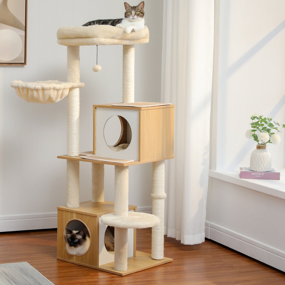 130CM Large Cat Tree Wooden Tower Indoor with Double Condos Spacious Perch Soft Hammock_2