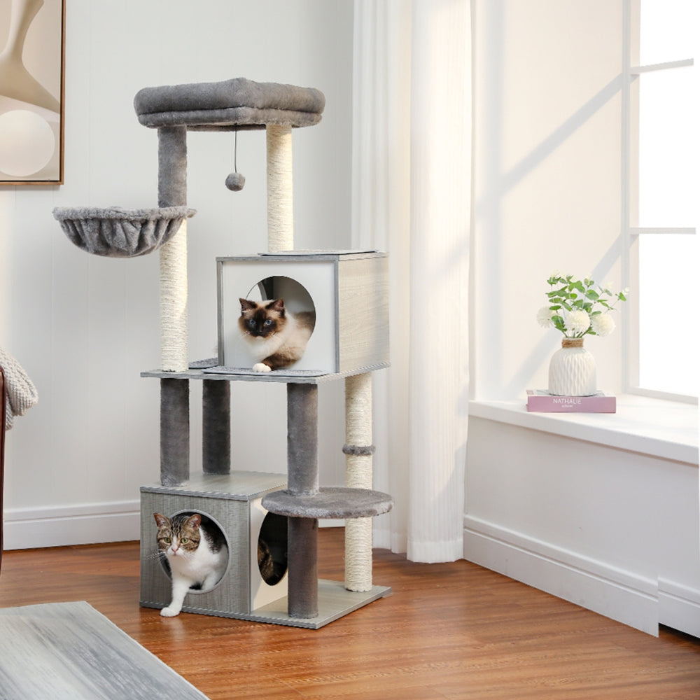 130CM Large Cat Tree Wooden Tower Indoor with Double Condos Spacious Perch Soft Hammock_3