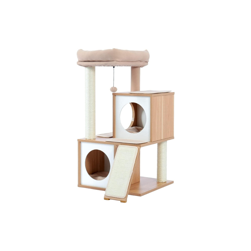 130CM Large Cat Tree Wooden Tower Indoor with Double Condos Spacious Perch Soft Hammock_4