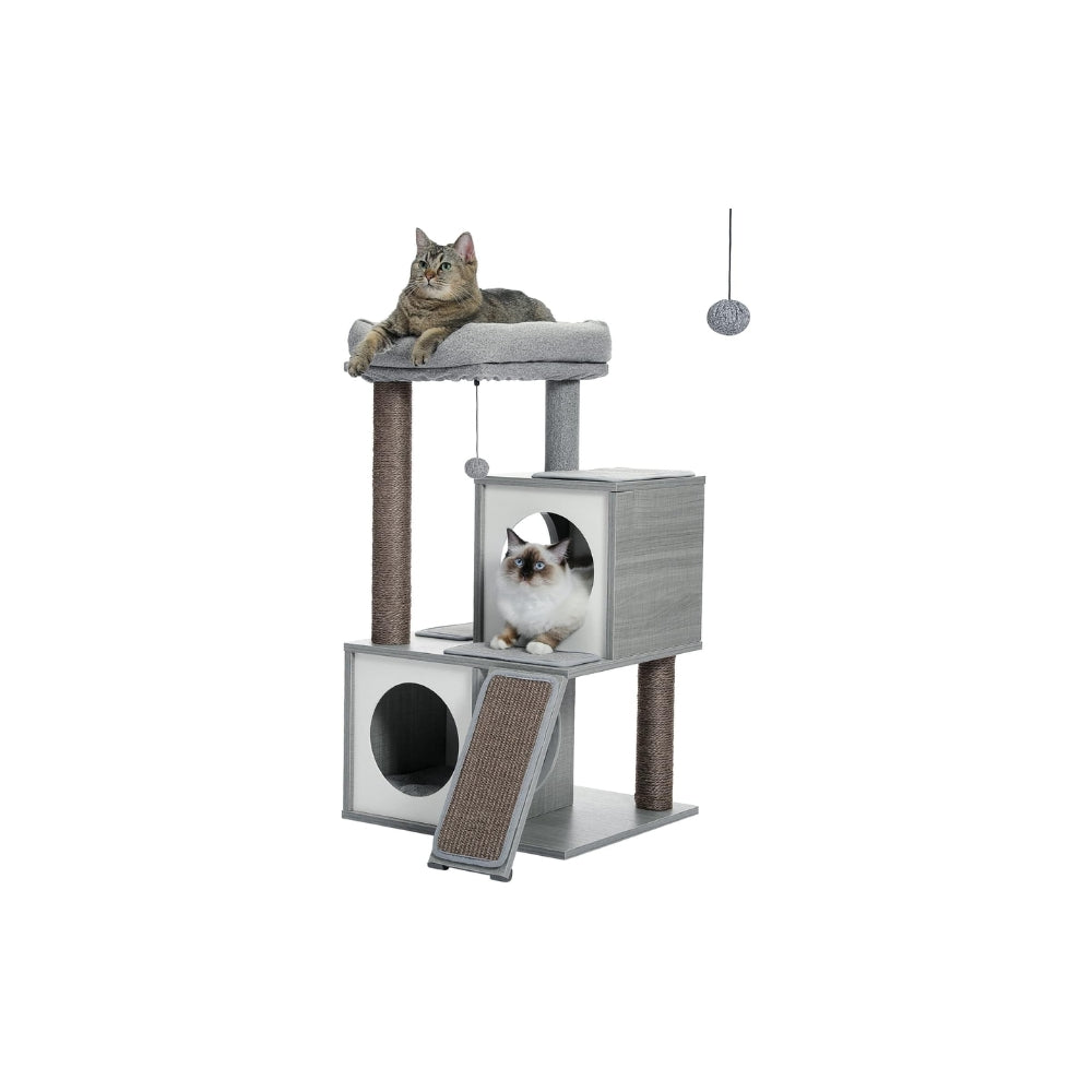 130CM Large Cat Tree Wooden Tower Indoor with Double Condos Spacious Perch Soft Hammock_5