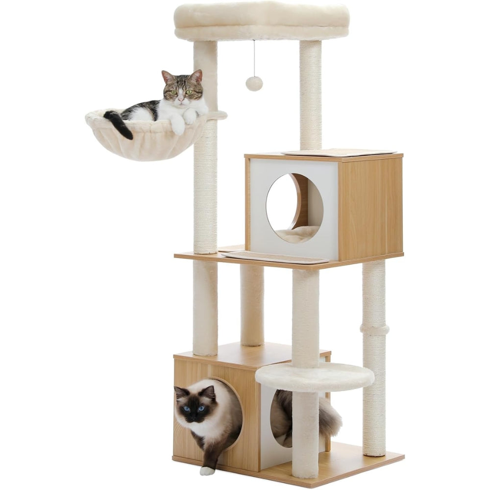 130CM Large Cat Tree Wooden Tower Indoor with Double Condos Spacious Perch Soft Hammock_6