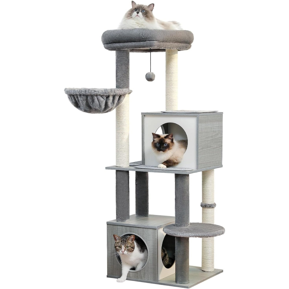 130CM Large Cat Tree Wooden Tower Indoor with Double Condos Spacious Perch Soft Hammock_7