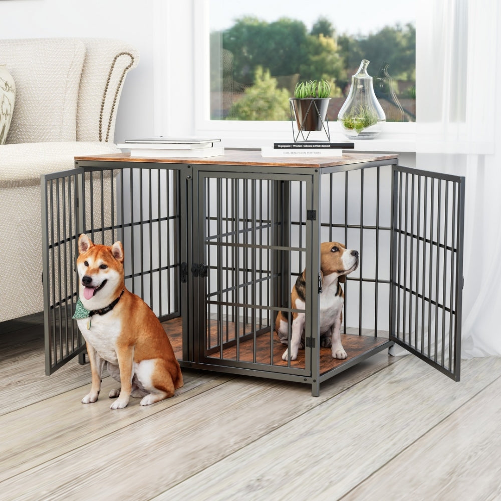 Heavy Duty Furniture Style Dog Cage Side Table Indoor Kennel Crate with Four Doors_3