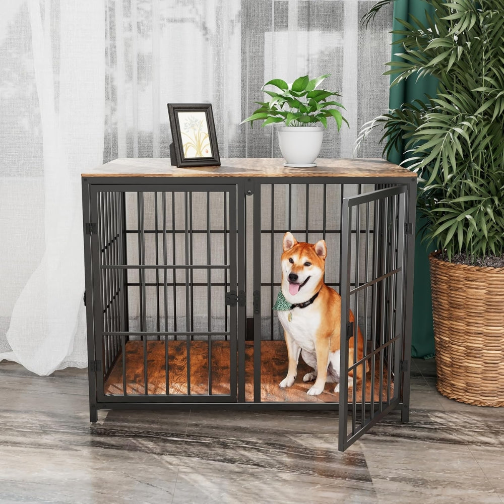 Heavy Duty Furniture Style Dog Cage Side Table Indoor Kennel Crate with Four Doors_4