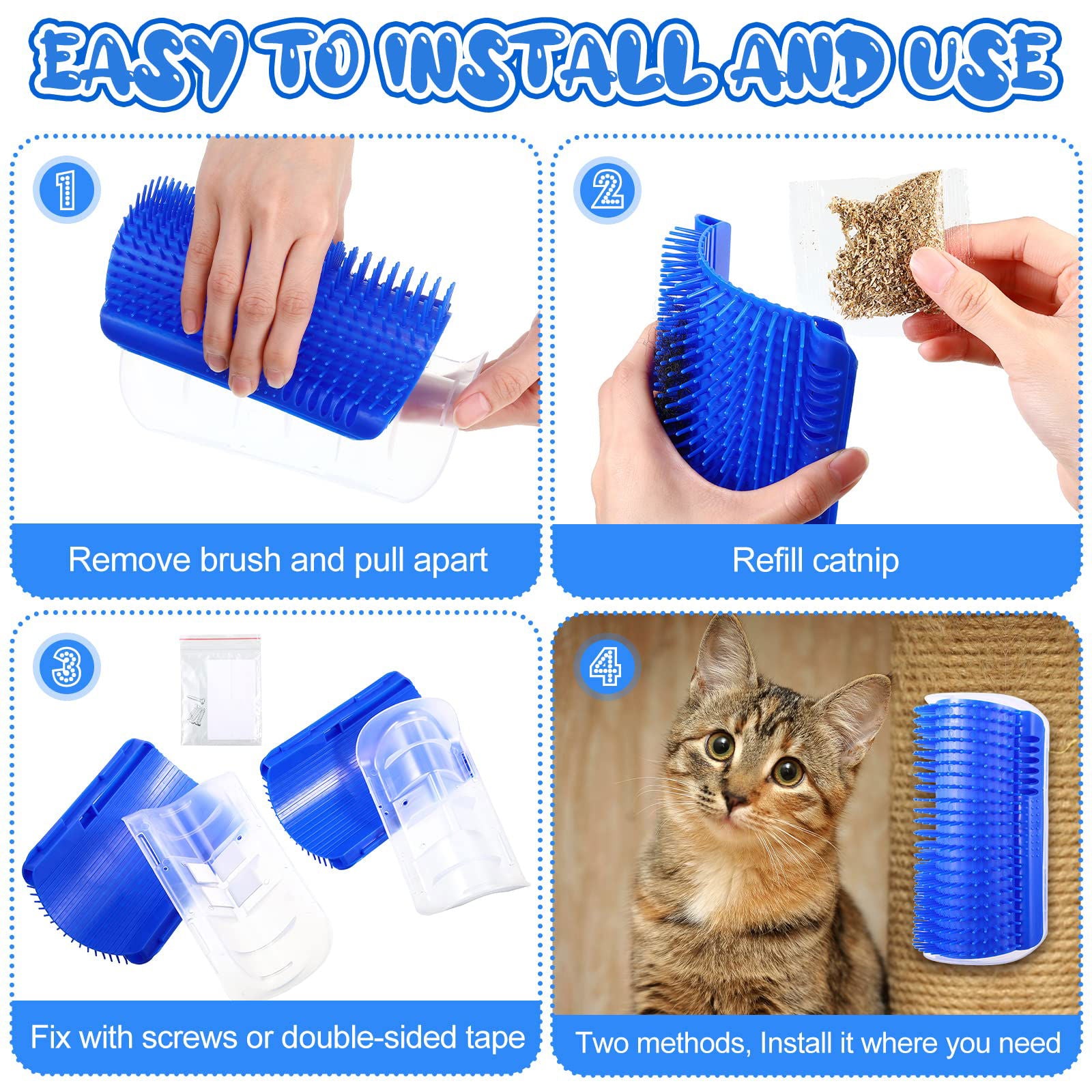Cat Self Groomer Catnip  Dog Cat Toy Corner Groomer Wall Corner Scratcher Comb Grooming Massage Brush Blue - SEKSI