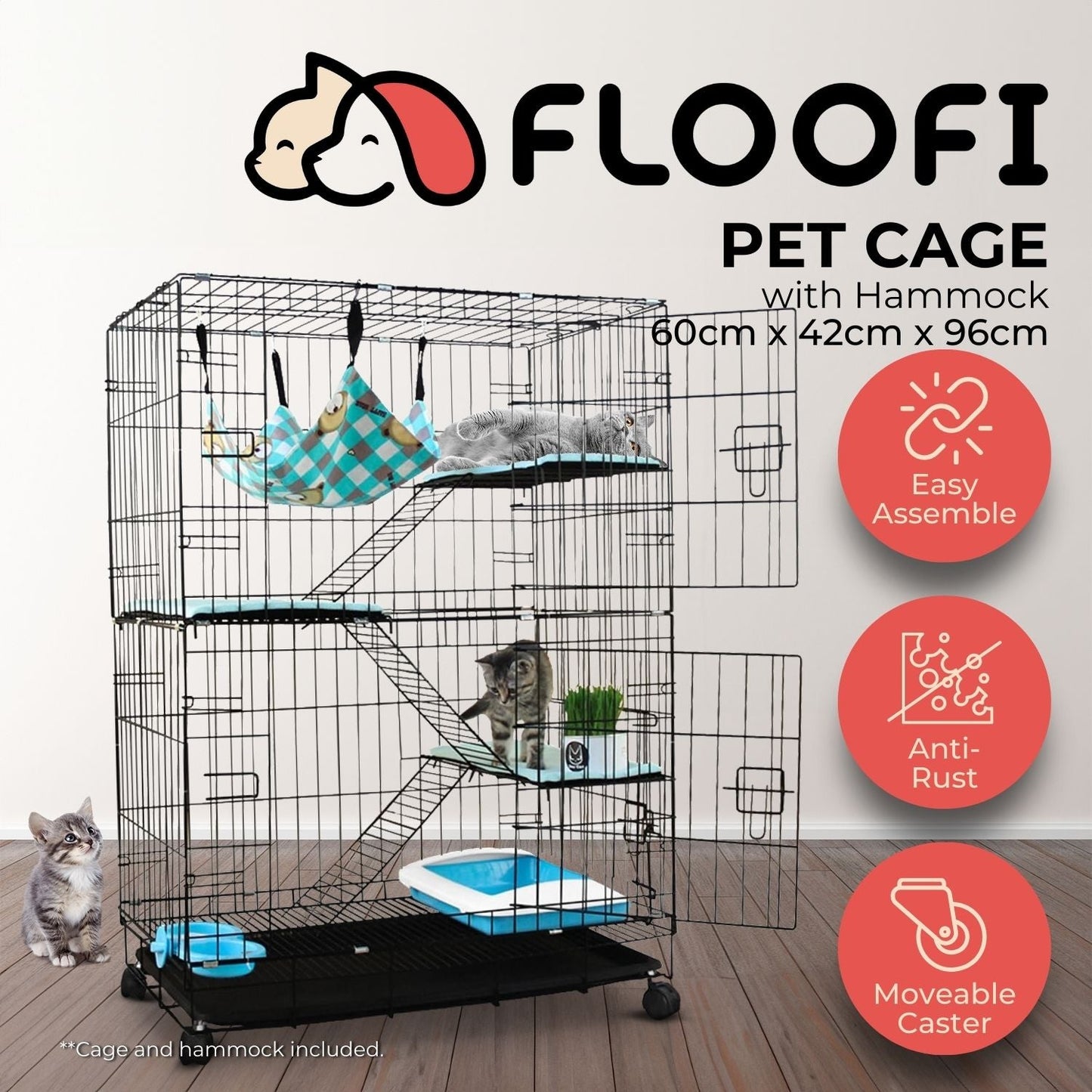 FLOOFI Three-Level Pet Rabbit Bird Cage with Hammock (Black) - SEKSI