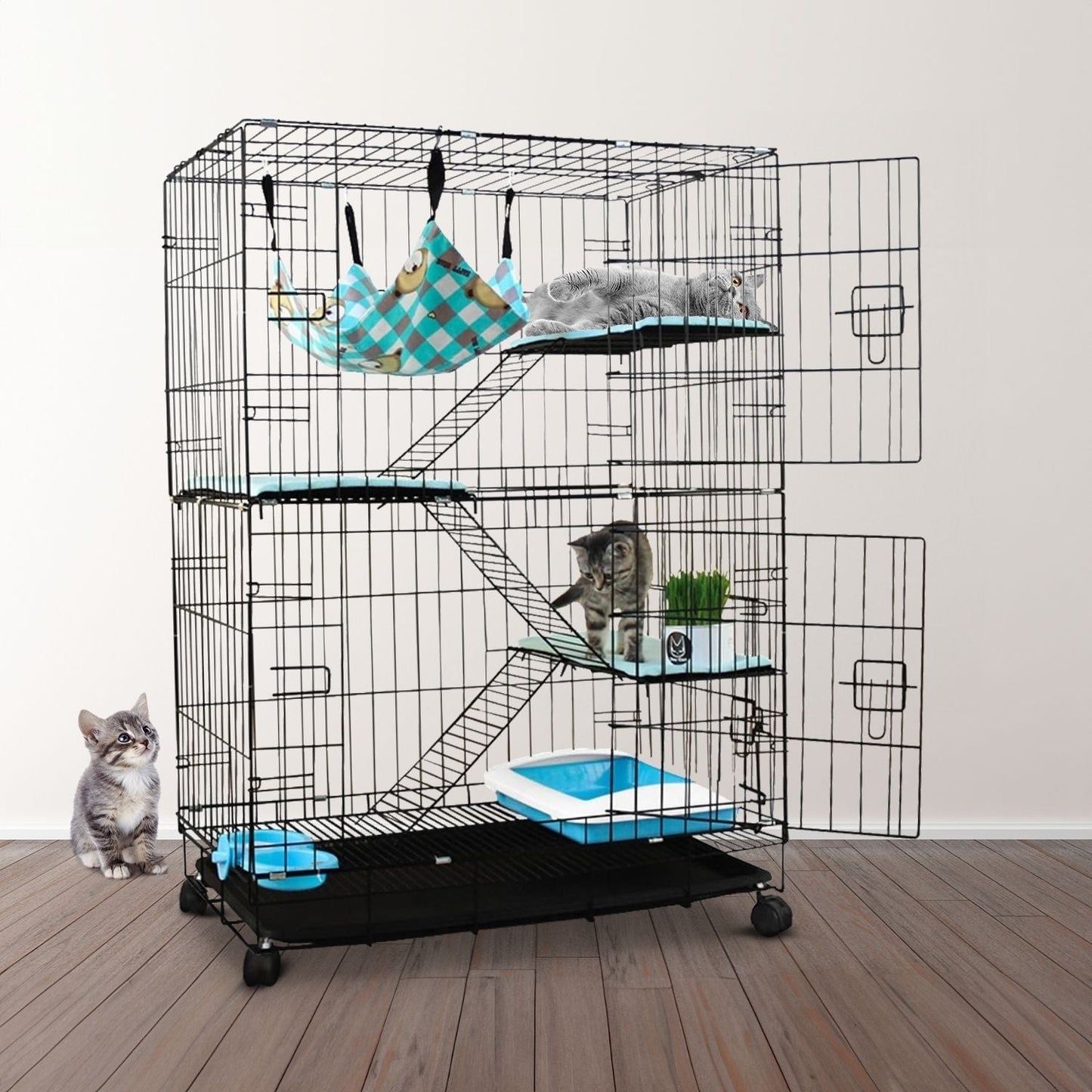 FLOOFI Three-Level Pet Rabbit Bird Cage with Hammock (Black) - SEKSI