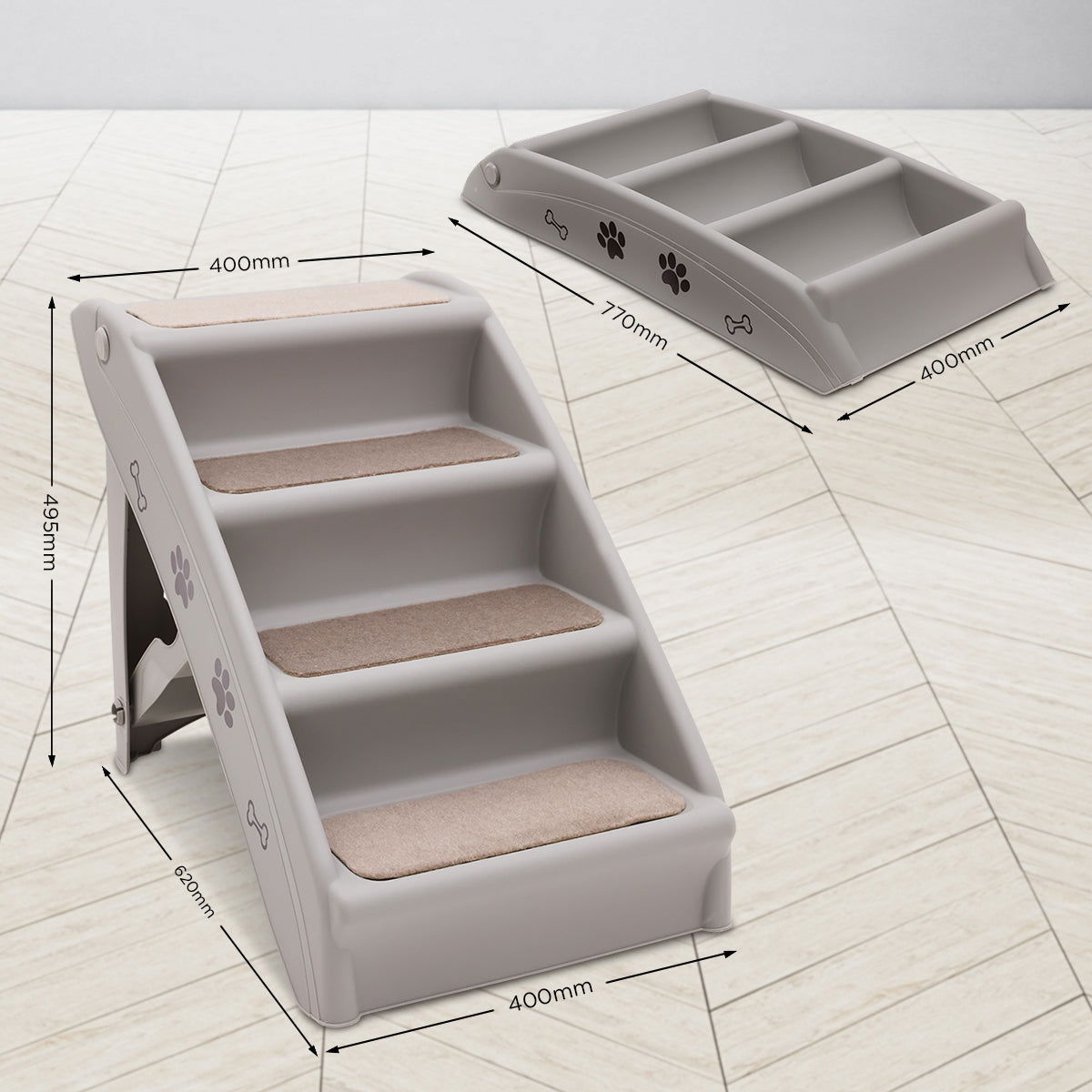 Furtastic Foldable Pet Stairs in Grey - 50cm Dog Ladder Cat Ramp with Non-Slip Mat for Indoor and Outdoor Use - SEKSI