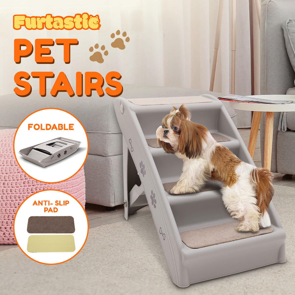 Furtastic Foldable Pet Stairs in Grey - 50cm Dog Ladder Cat Ramp with Non-Slip Mat for Indoor and Outdoor Use - SEKSI
