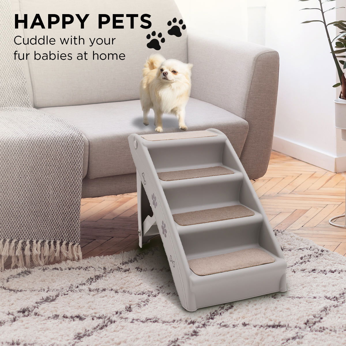 Furtastic Foldable Pet Stairs in Grey - 50cm Dog Ladder Cat Ramp with Non-Slip Mat for Indoor and Outdoor Use - SEKSI