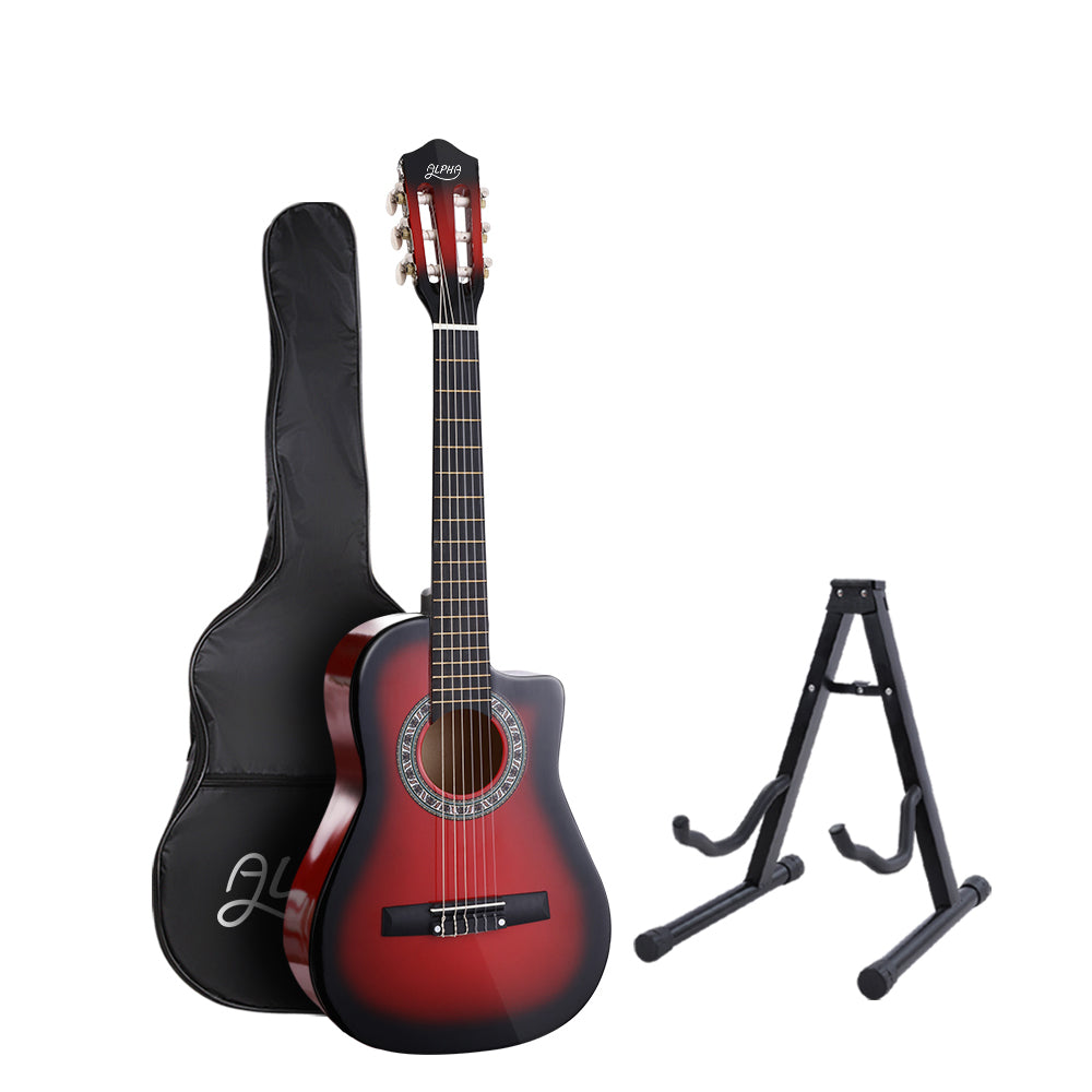 Alpha 34 Inch Classical Guitar Wooden Body Nylon String w/ Stand Beignner Red