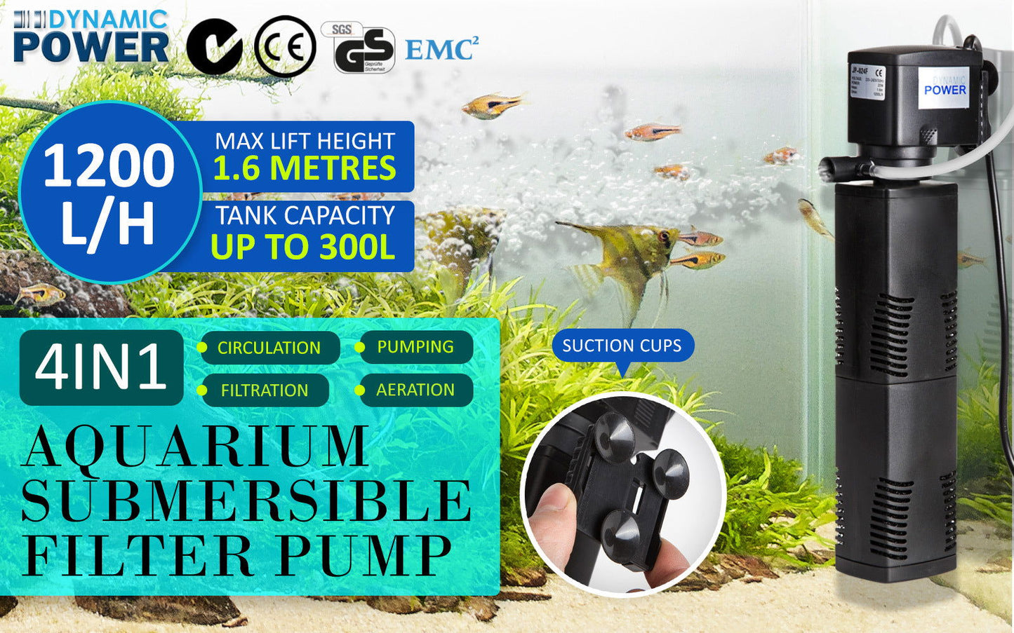 Aquarium Submersible Filter Pond Pump 1200L/H 22W 1.6m - SEKSI