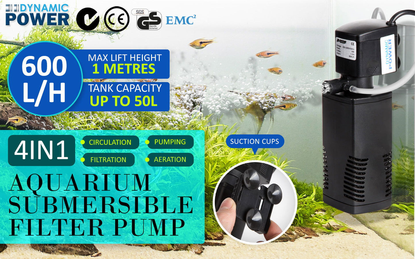 Aquarium Submersible Filter Pond Pump 600L/H 8W 1m - SEKSI