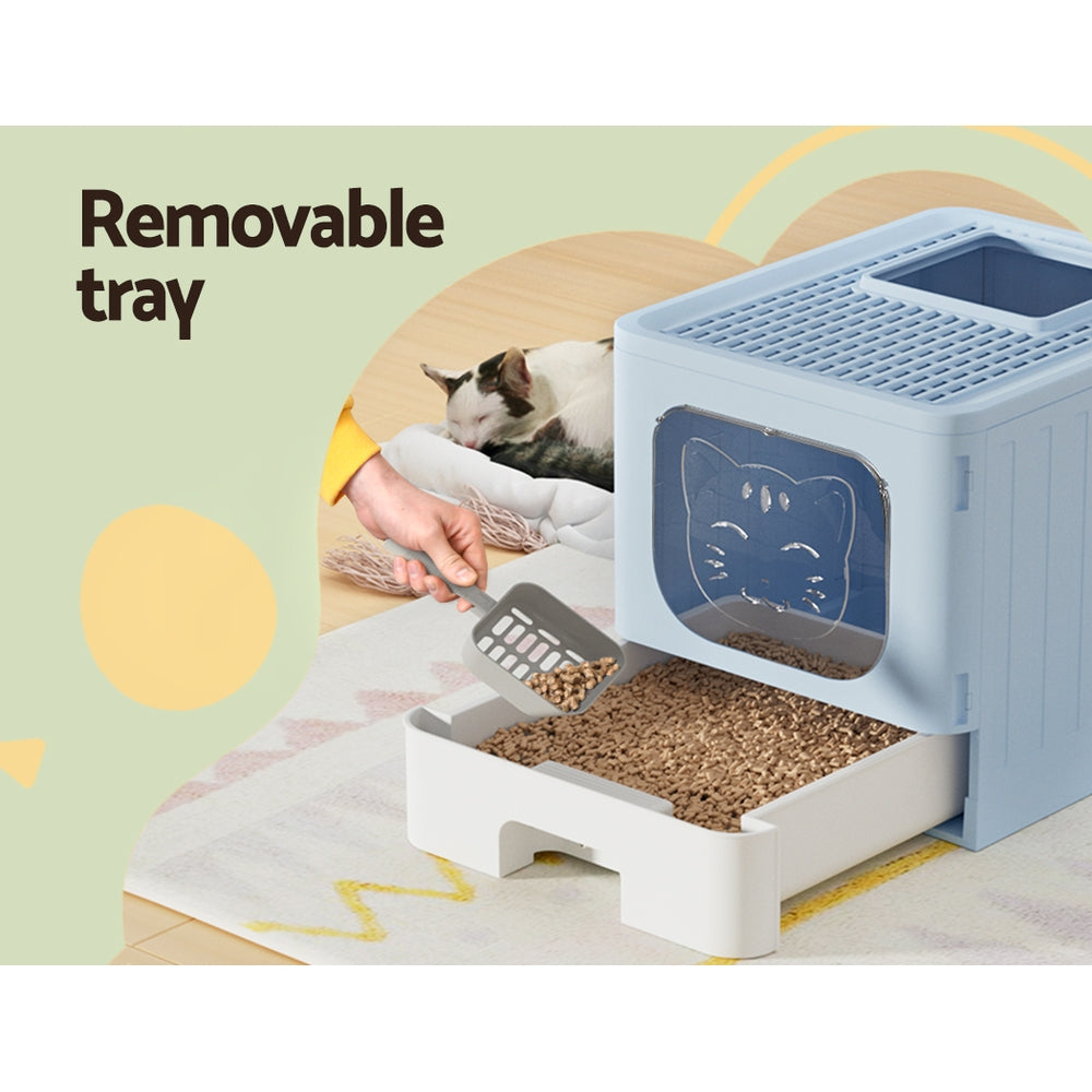 i.Pet Cat Litter Box Large Tray Kitty Toilet Enclosed Hooded Foldable Scoop Blue