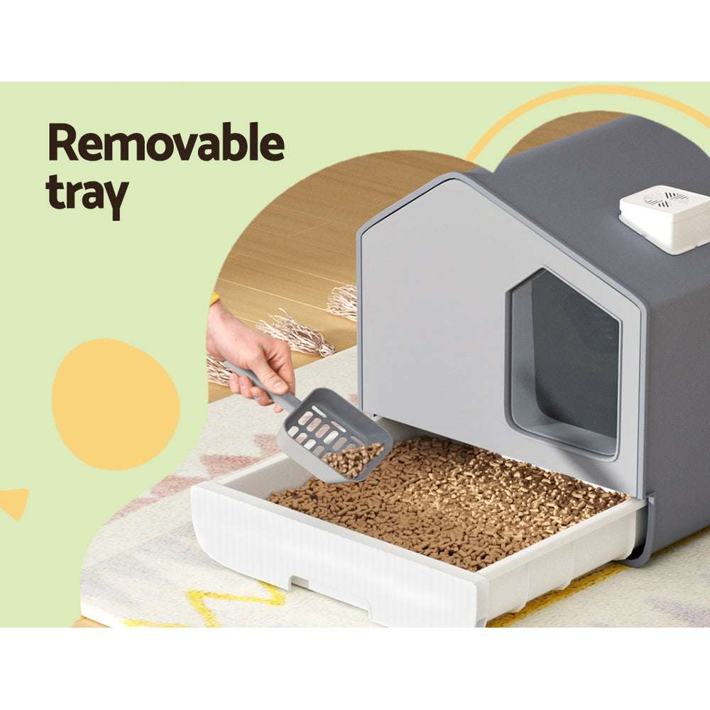 i.Pet Cat Litter Box Large Tray Kitty Toilet Fully Enclosed House Hooded Scoop Mat Grey