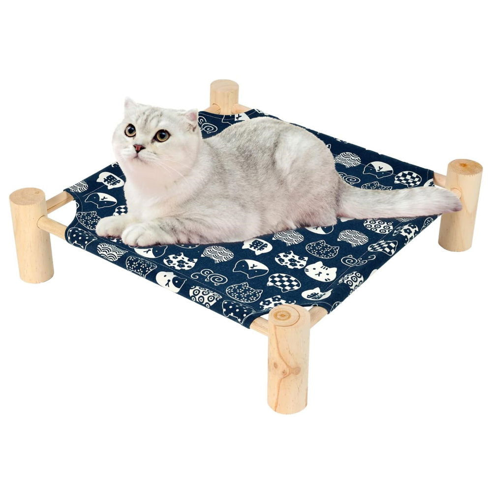PETSWOL Elevated Cat Hammock Bed - Breathable Linen Fabric, Natural Wooden Frame - SEKSI