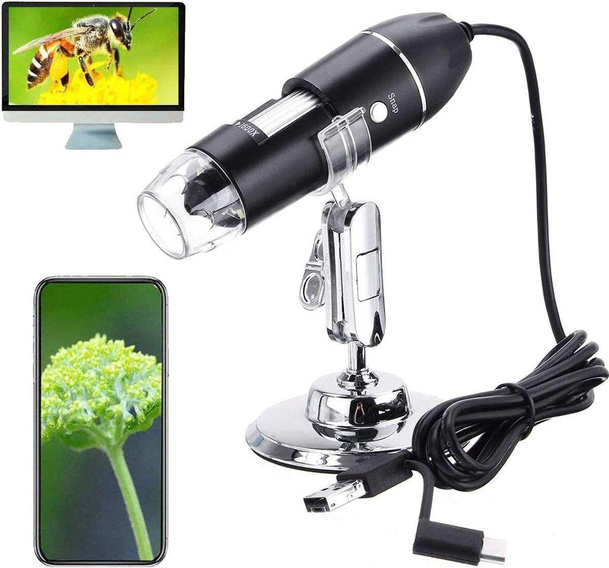 Microscope - Children's Microscope - USB Type-C Digital Microscope - 3 in 1, 50X-1600X Magnification - Adapter and Endoscope with Stand - Black