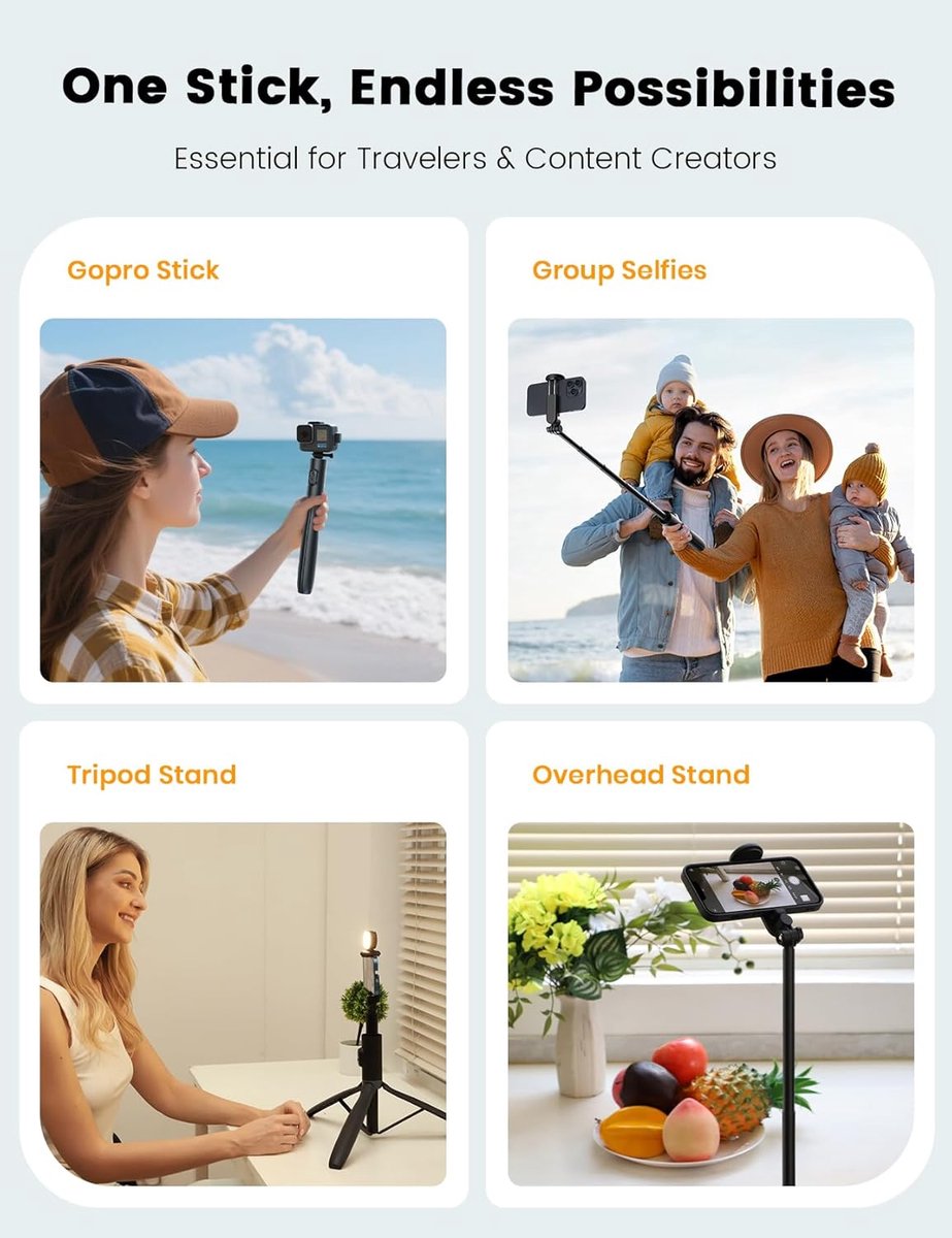 Mobile phone tripod with light, selfie stick tripod compatible with smartphone and GoPro cameras
