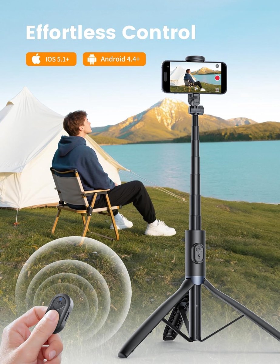 Mobile phone tripod with light, selfie stick tripod compatible with smartphone and GoPro cameras