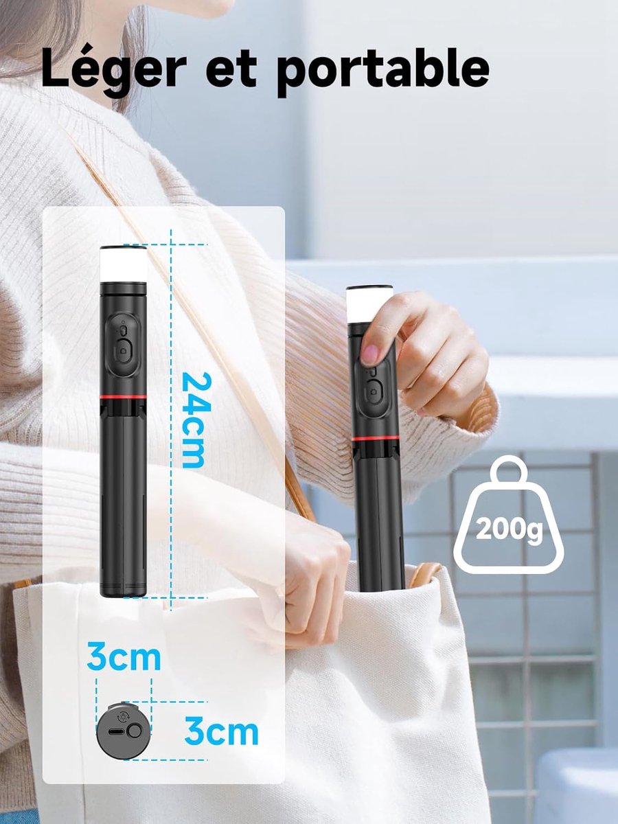 Selfie stick - Phone tripod - Tripod with auxiliary light - Mobile phone holder - With lighting function - Remote control - 75mm aluminum phone holder - Selfie stick for smartphones