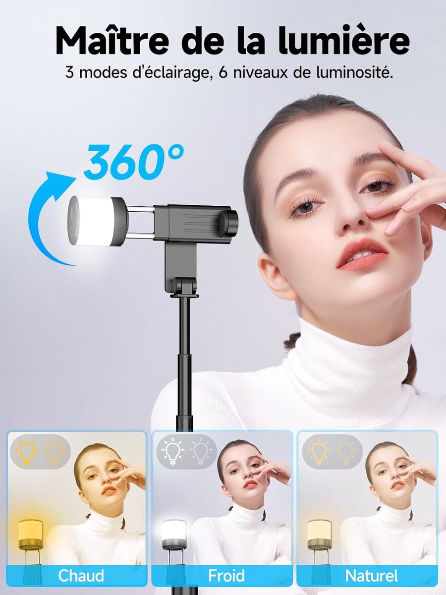 Selfie stick - Phone tripod - Tripod with auxiliary light - Mobile phone holder - With lighting function - Remote control - 75mm aluminum phone holder - Selfie stick for smartphones