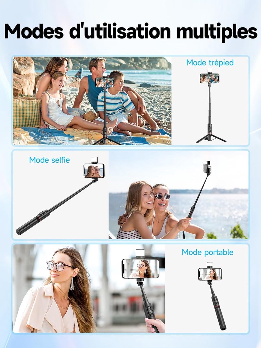 Selfie stick - Phone tripod - Tripod with auxiliary light - Mobile phone holder - With lighting function - Remote control - 75mm aluminum phone holder - Selfie stick for smartphones