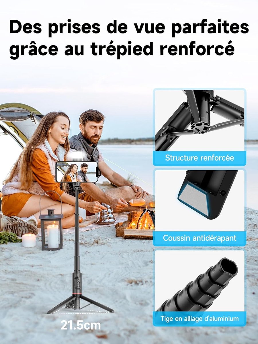 Selfie stick - Phone tripod - Tripod with auxiliary light - Mobile phone holder - With lighting function - Remote control - 75mm aluminum phone holder - Selfie stick for smartphones